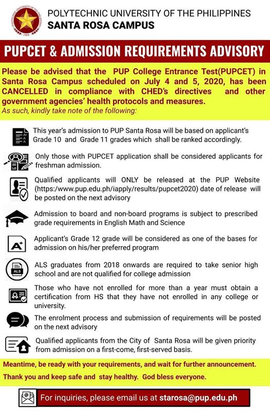 Advisory: PUPCET and Admission Requirements