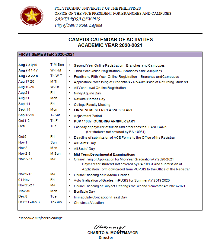 Campus Calendar of Activities for Academic Year&nbsp;2020-2021