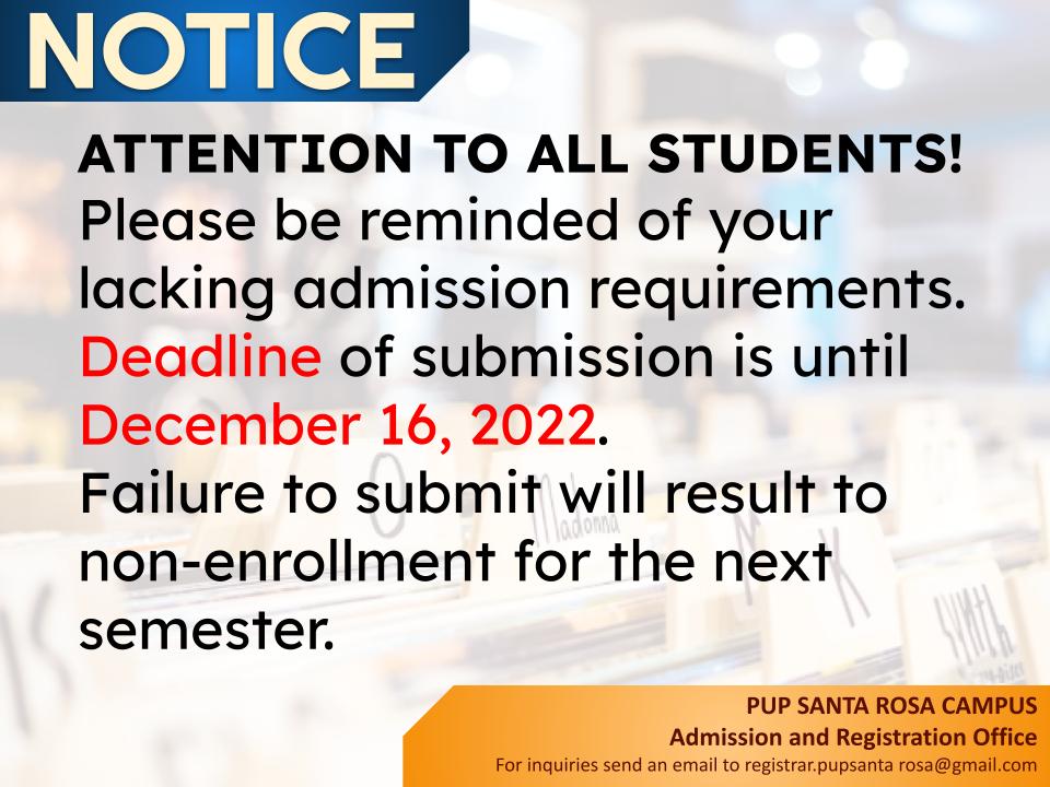 Notice | Admission Requirements – All Students |&nbsp;pid#5318