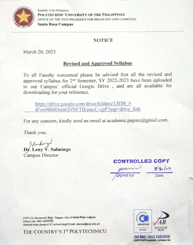 Notice | Revised and Approved Syllabus |&nbsp;pid#6918