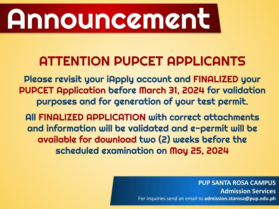 Announcement | PUPCET Applicants |&nbsp;pid#7458